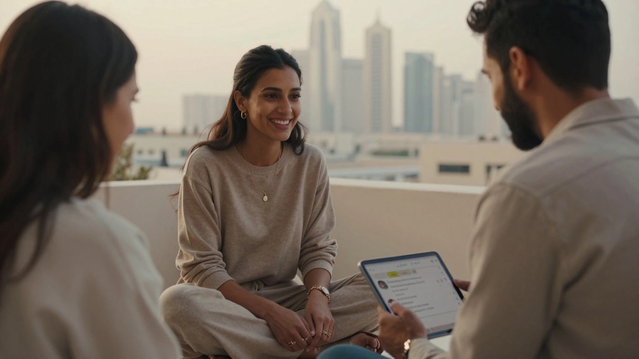 A Dubai jewelry maker smiles as customers wear her pieces, genuine shares and comments lighting up her tablet.