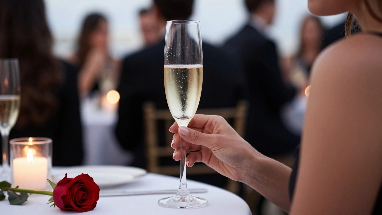 A woman&#039;s hands hold a champagne flute beside a red rose at a Cannes after-party, candlelight glowing softly.